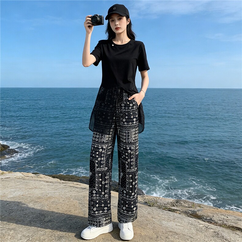 设计感小众时尚气质套装女夏圆领网纱拼接短袖上衣碎花长裤两件套,女装套装/套裙,江南