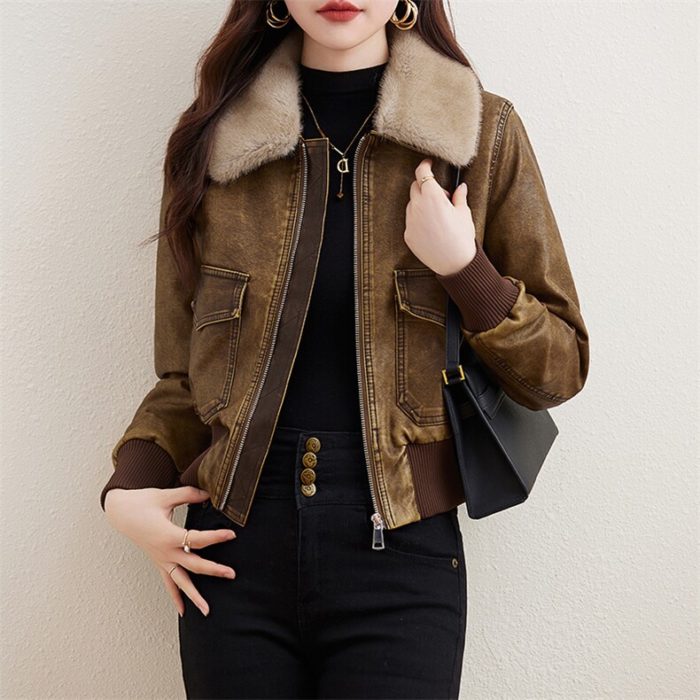 复古磨砂加绒皮衣女2023冬装新款小个子短款潮流机车服皮夹克外套,女装皮衣,江南女神