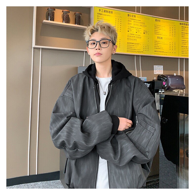 假两件拼色连帽PU皮夹克外套春季男装潮摇滚设计双层拉链机车皮衣,男装夹克,星座410-7