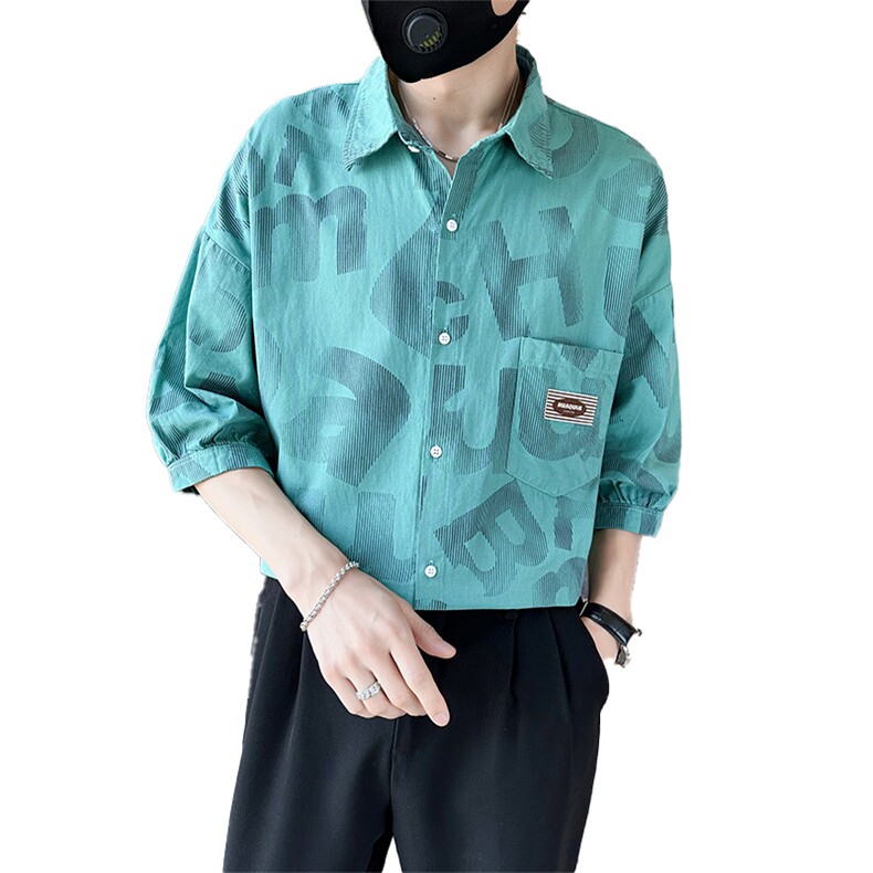 2025春季新款男士衬衫男生七分袖印花衬衫潮牌宽松上衣901C12P58,男装衬衫,星座901