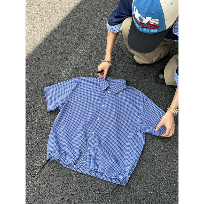 【自拍图】XZ1005-1-TTH113-P48皇家蓝短袖衬衫抽绳格子衬衣外套,男装T恤,星座1005-1