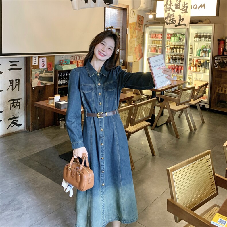 高级感渐变牛仔连衣裙女2024秋季新款港风复古气质收腰显瘦衬衫裙,女装连衣裙,多米2-075