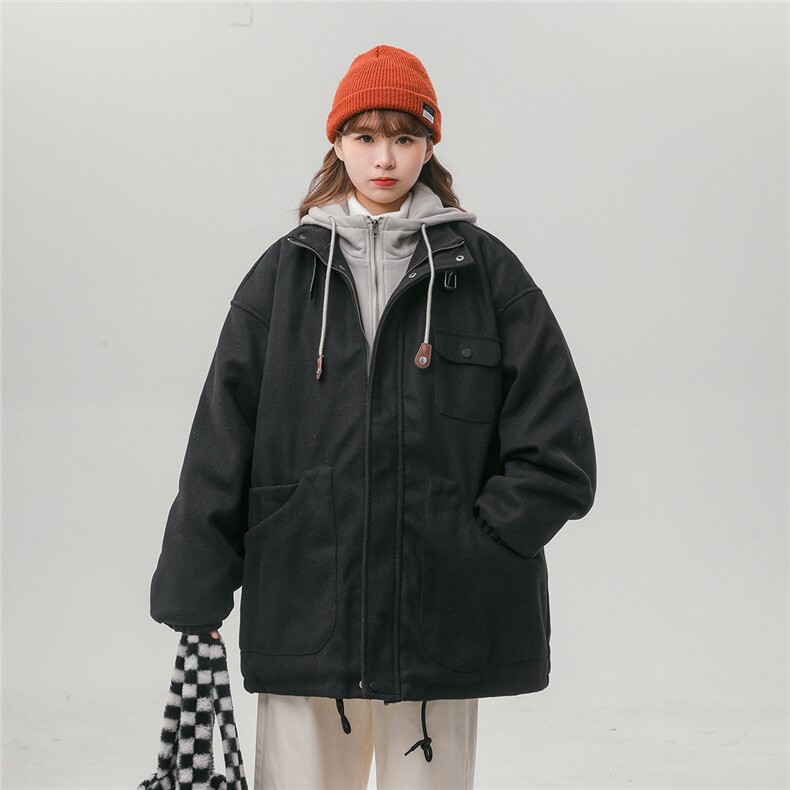EQ158 冬季新款港风休闲毛呢假两件连帽棉服棉衣情侣潮牌外套P145图片