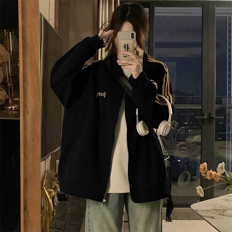 A402-P80复古三条杠立领外套卫衣春秋宽松开衫设计感拉链上衣,女装短外套,星座911
