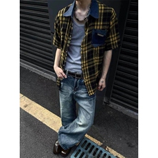 CS29-P45现货男女格子短袖衬衫外套休闲黄色格子衬衣，男装T恤，电商B327