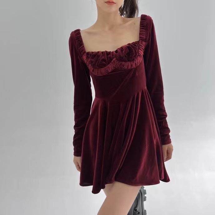 丝绒红色连衣裙，女装连衣裙，HE
