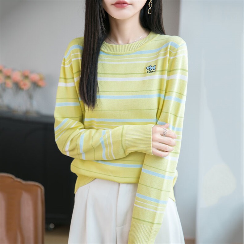 条纹刺绣长袖t恤女秋季2025新款打底衫洋气大码女装冰丝针织上衣,女装羊毛衫,萱芳婷羊绒