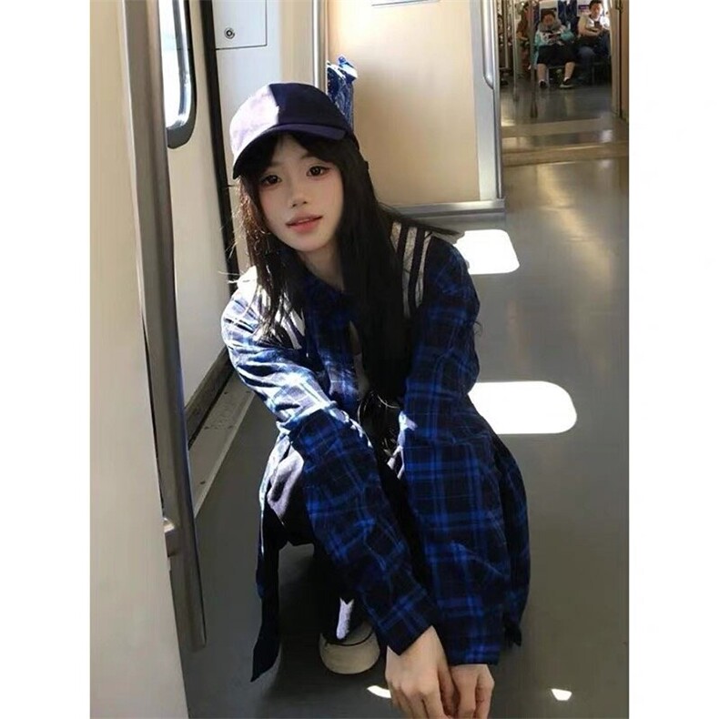 美式潮牌蓝色格子长袖衬衫男女款2025春秋冬季高级感格纹衬衣外套,男装衬衫,星座506A