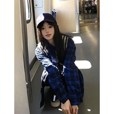 美式潮牌蓝色格子长袖衬衫男女款2025春秋冬季高级感格纹衬衣外套，男装衬衫，星座506A