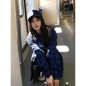 美式潮牌蓝色格子长袖衬衫男女款2025春秋冬季高级感格纹衬衣外套图片