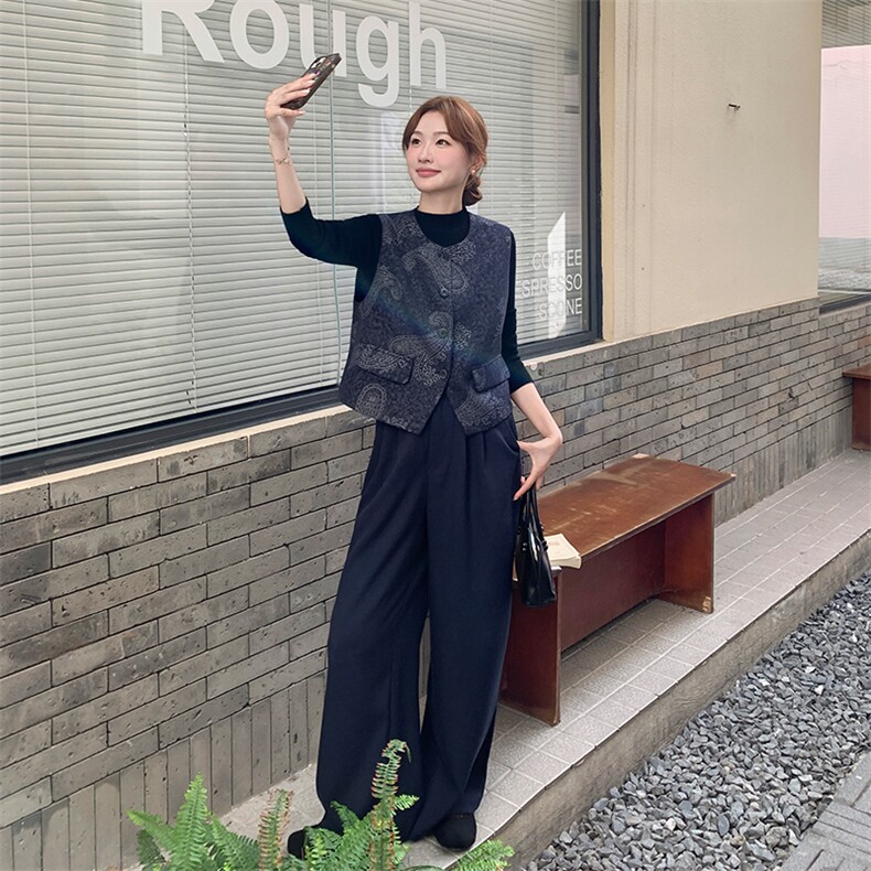新款复古印花马甲阔腿裤三件套,女装套装/套裙,2D075