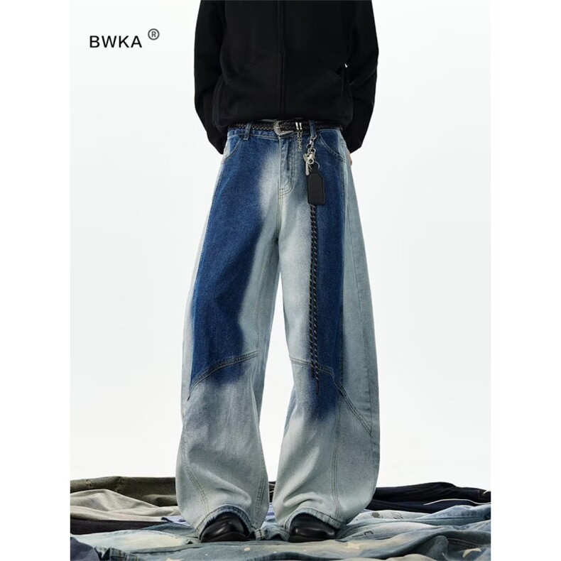美式水渐变牛仔裤男秋季小众设计感阔腿裤高街解构拖地长裤，男装牛仔裤，星座506A
