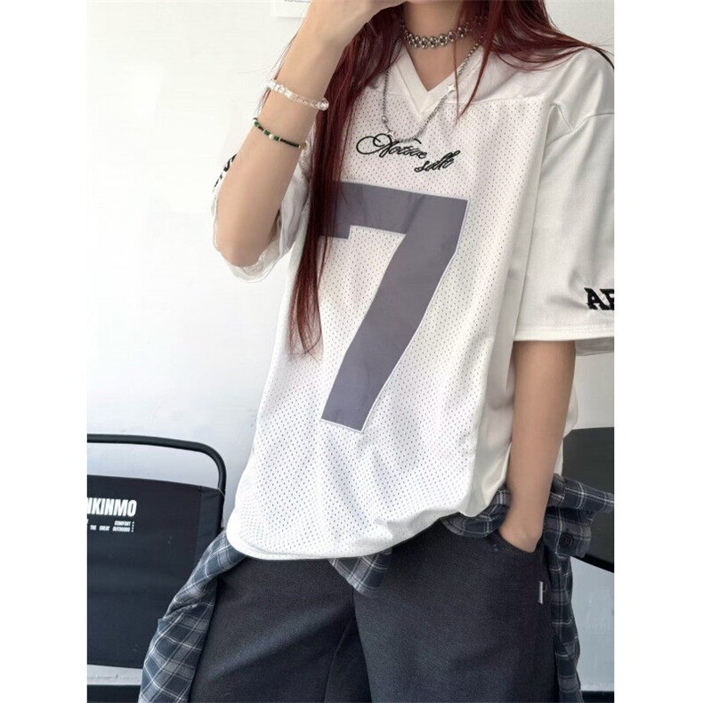 拼接网眼刺绣短袖t恤男宽松速干网面透气V领运动训练服上衣 TS169图片