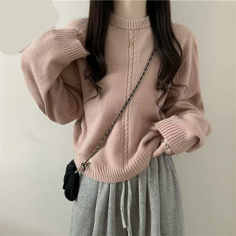 时尚百搭秋冬保暖休闲针织毛衣显瘦宽松长袖圆领女装外套,针织衫/毛衣,萱芳婷羊绒