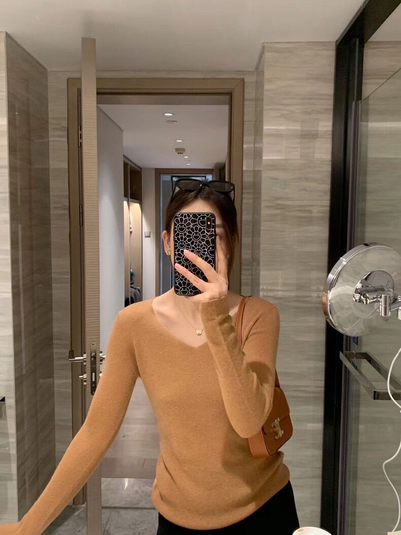 纯色V领长袖羊毛针织衫女韩版显瘦时尚百搭上衣,女装羊毛衫,恩泰羊绒