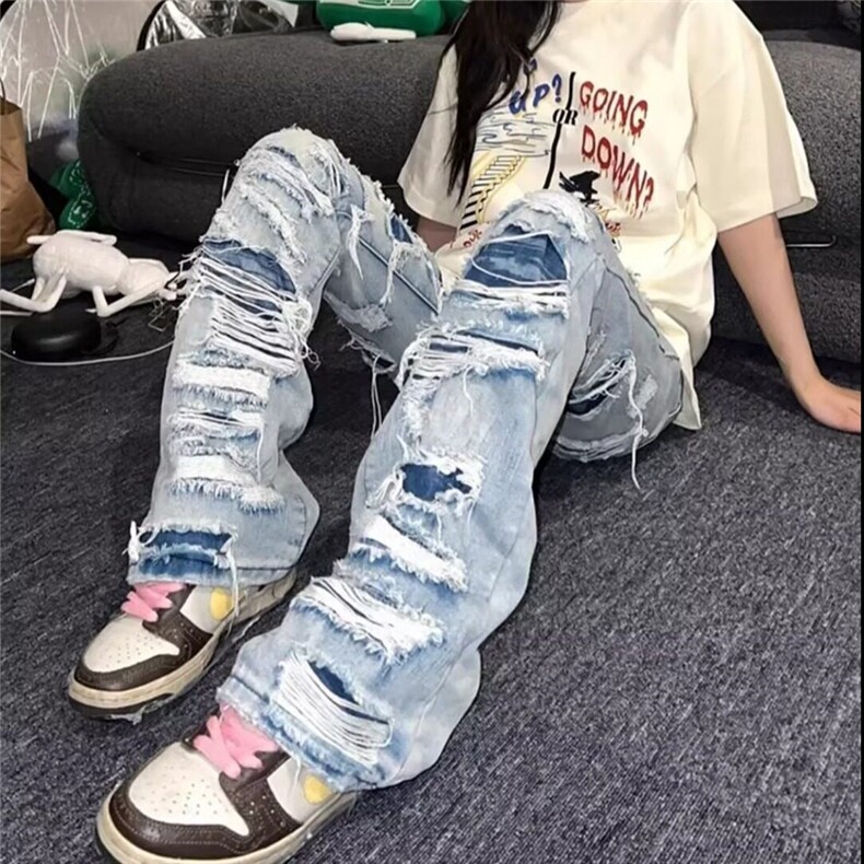 美式水洗裤子高街复古破洞牛仔裤夏季直筒宽松高级感乞丐裤,男装牛仔裤,星座218-1（原230）