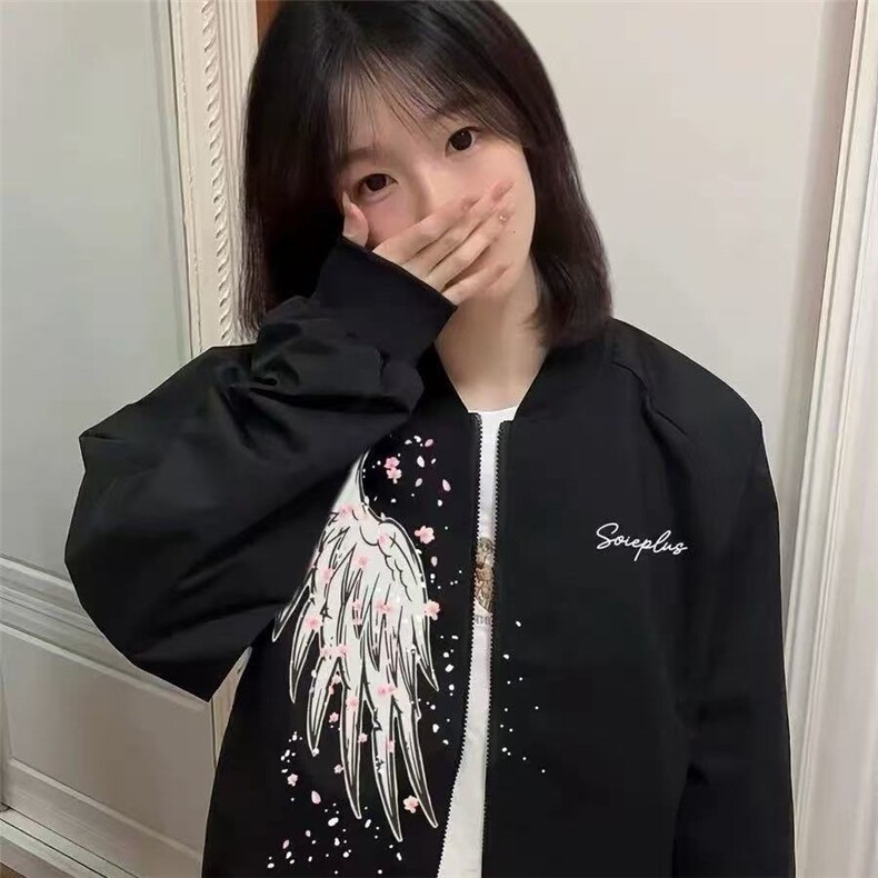 美式复古潮流翅膀印花棒球服女2025春秋新款宽松慵懒风情侣外套潮,女装短外套,四季星座505