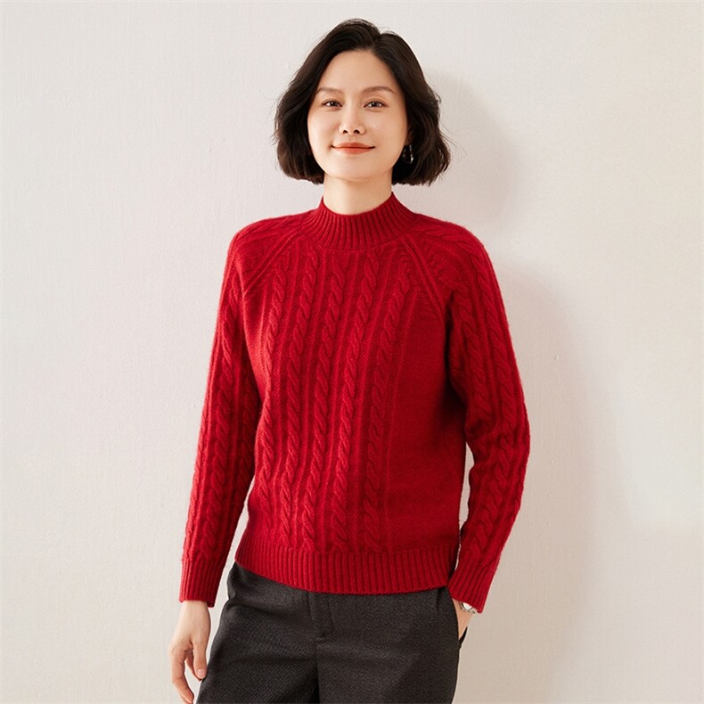 复古加厚提花山羊绒衫女软糯亲肤毛衣2025秋冬半高领羊毛针织红色,女装羊绒衫,伊绒腾羊绒