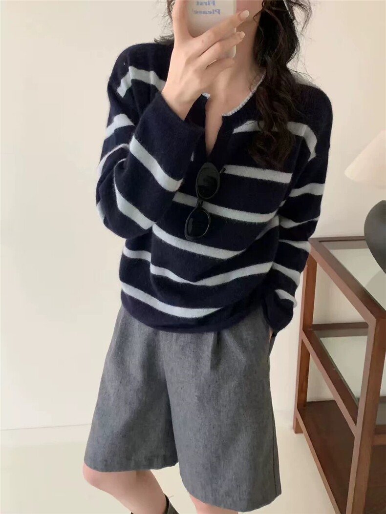 韩系温柔时尚感宽松显瘦撞色条纹羊毛衫女,针织衫/毛衣,德聚羊绒
