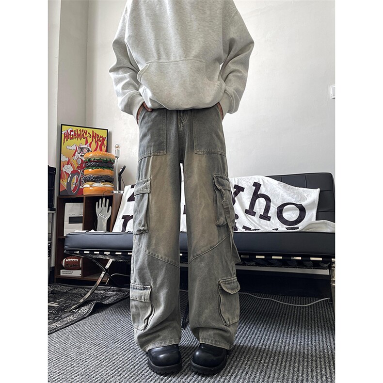 美式复古工装牛仔裤新款多口袋直筒宽松阔腿裤K666TP65,男装牛仔裤,电商A102B