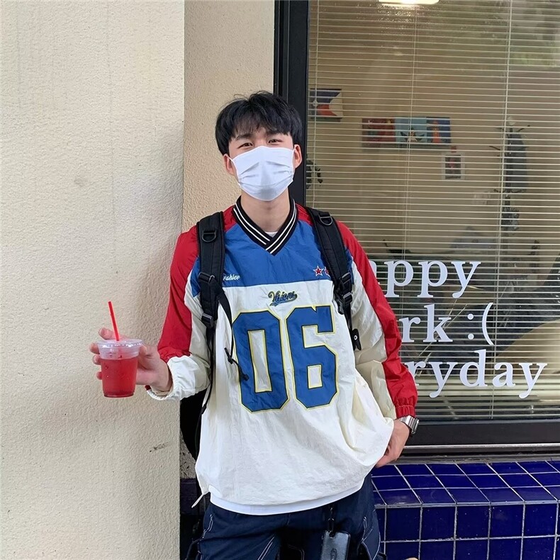 美式复古V领撞色拼接球衣套头衫卫衣男女宽松街头长袖WYE28P50,男装卫衣,星座1013-5