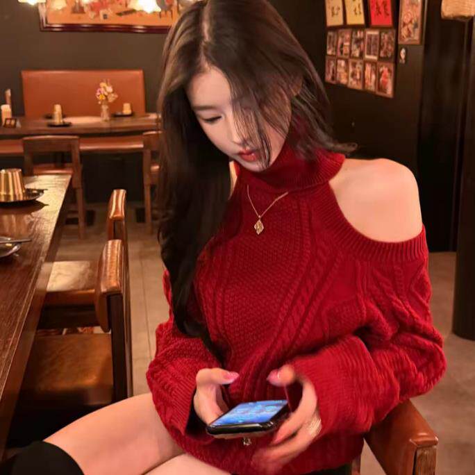 2025年秋季时尚百搭通勤简约休闲阿兰花路肩高反，女装羊毛衫，旭驰羊绒