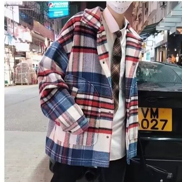 设计小众拼接加厚格子毛呢外套男士韩版高级感毛呢棉袄夹克ins,男装夹克,星座218-1（原230）