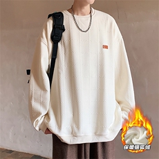 2025冬装圆领加绒卫衣格子大码男纹理提花W678J/特P35杏色，男装卫衣，电商A094