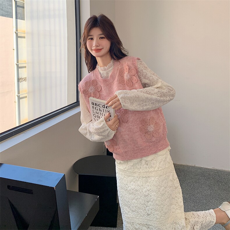 粉色甜美针织花朵马甲套装女2025春秋新款韩系气质显瘦减龄两件套，女装马甲，维壹