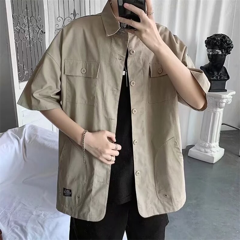 新款工装短袖男潮牌潮流美式复古宽松设计感衬衫T恤男CS0227-P38,男装衬衫,星座308B-1