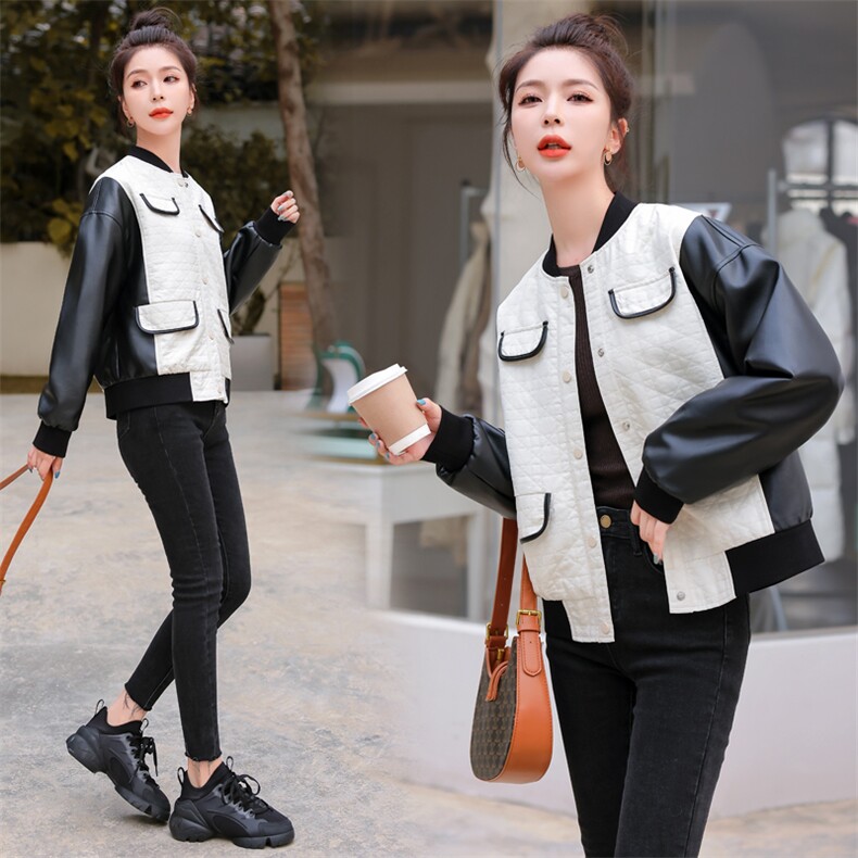 PU皮拼接假两件菱格棒球服女2022秋季新款时尚百搭纯色立领短外套,女装短外套,辉之琳