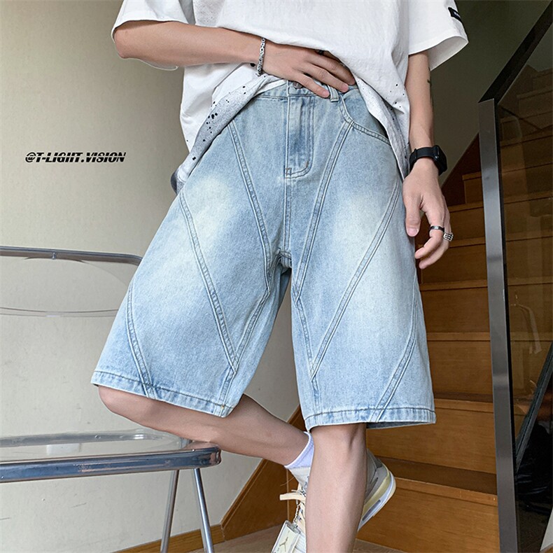 B221美式ins高街暗黑拼接休闲牛仔短裤五分裤LK23068-P50控68,男装牛仔裤,电商B221