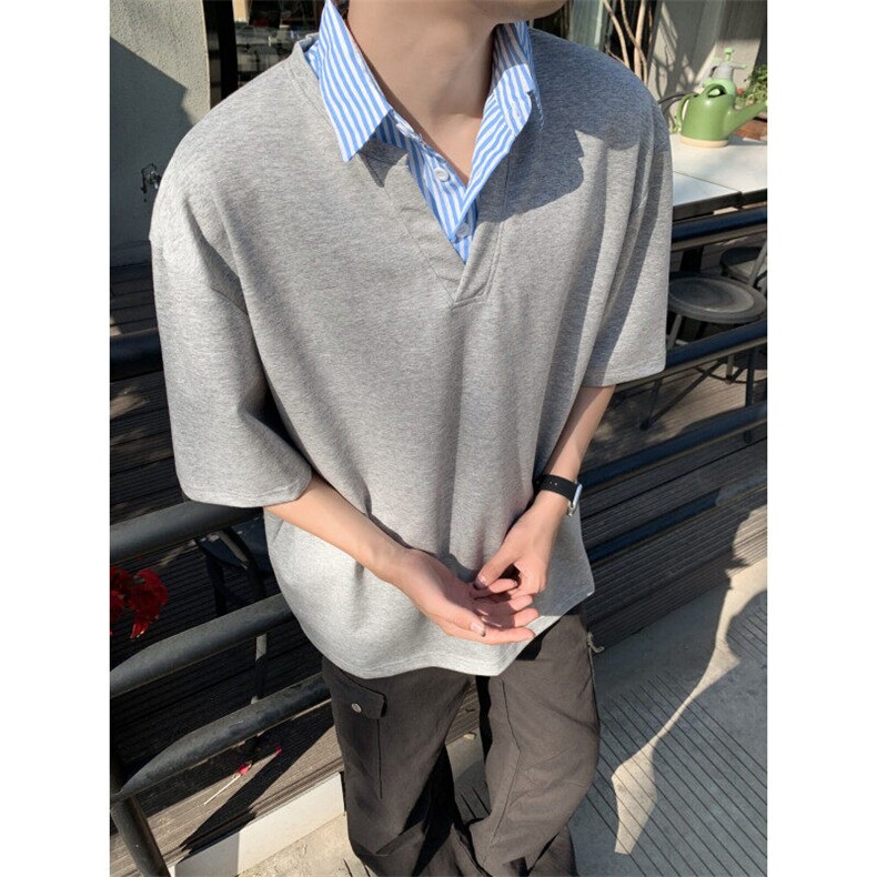 BN0215-P38假两件衬衫领短袖T恤男款夏季潮牌polo领宽松凉感半袖,男装T恤,电商C233