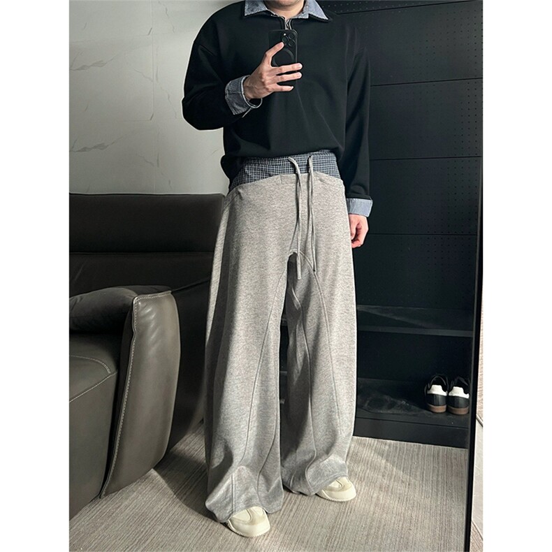 网图有货美式格子纹拼接设计感灰色卫裤阔腿休闲裤男女A1305-P50,男装休闲裤,星座1505