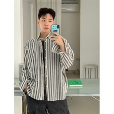 翻领竖条纹衬衫男春款日系高品质轻熟风休闲痞帅长袖衬衣823P50，男装衬衫，星座710