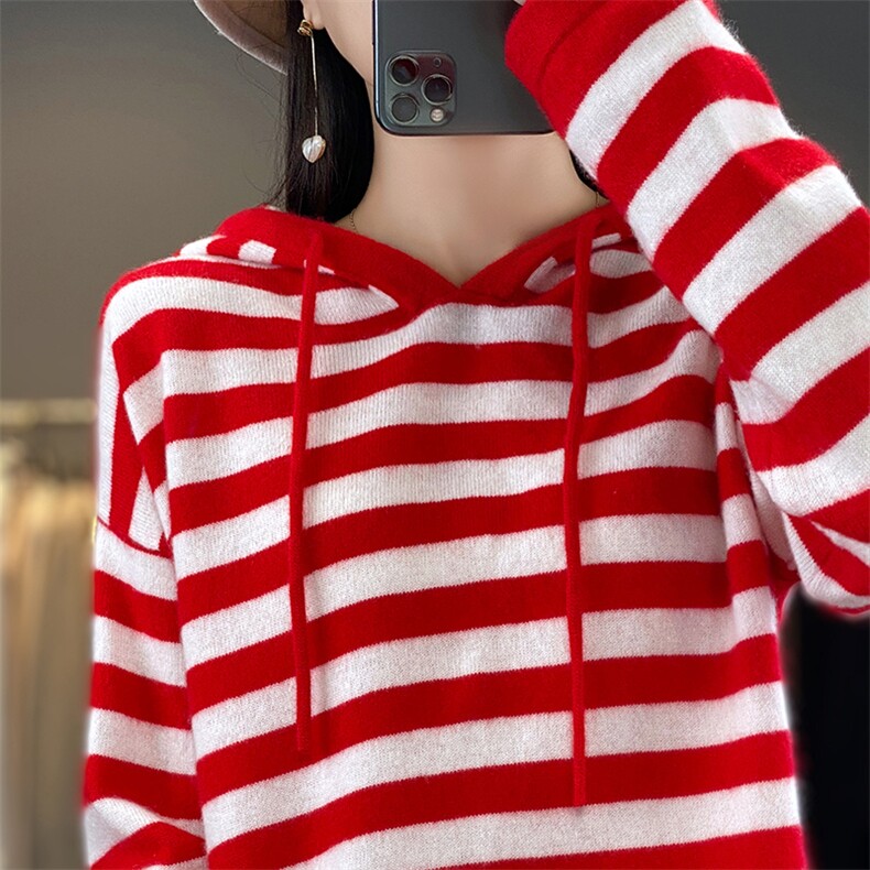 2024秋季新款法式慵懒风羊毛条纹帽衫休闲百搭，女装羊毛衫，优麦羊绒（原洪叶羊绒）