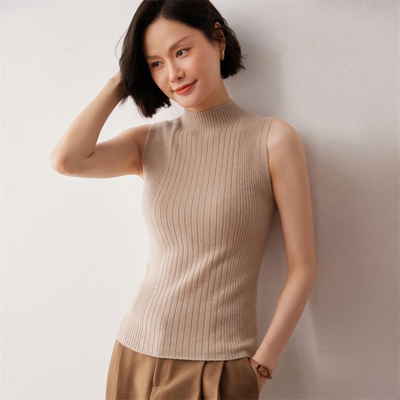 秋冬新款洋气时尚百搭显瘦女款一线成衣半高领无袖衫,女装背心吊带,艾巧羊绒