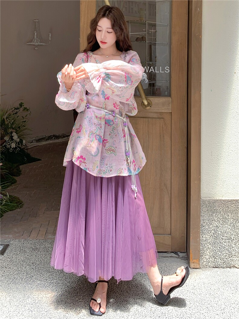 【档口】紫色碎花上衣网纱半身裙套装2C158-6008-P165-K238图片