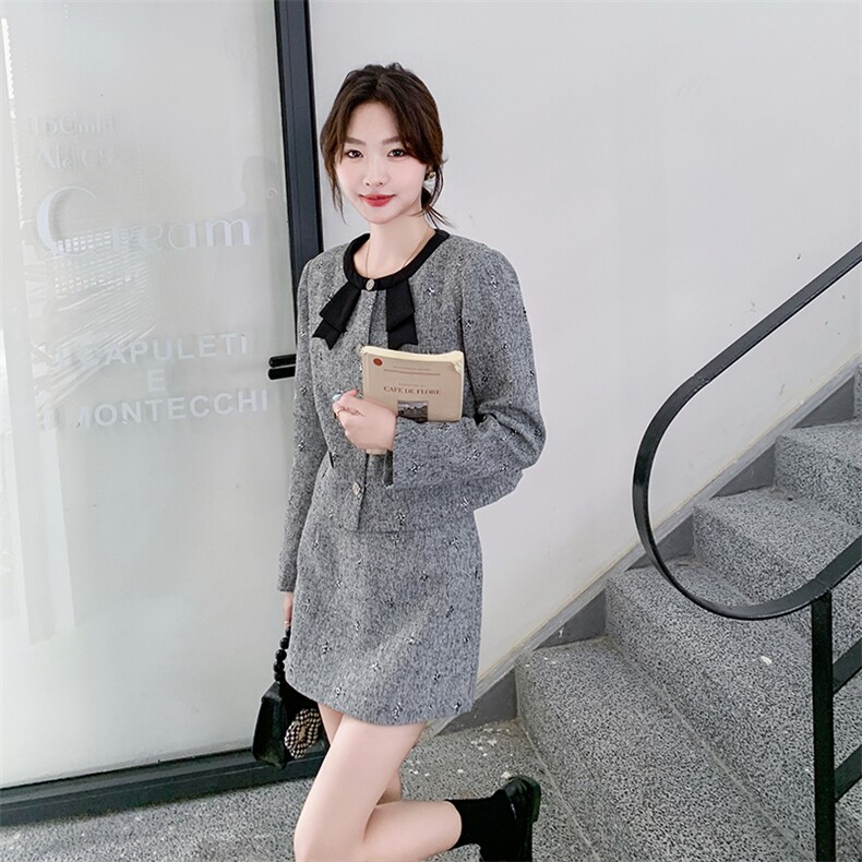 现货-小香风套装女小个子2025秋季新款气质淑女半身裙短裙两件套,女装套装/套裙,霓裳依族