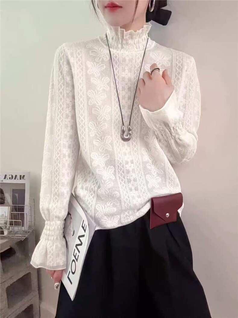 2025年秋季套头常规时尚百搭通勤简约休闲蕾丝半高领蝴蝶打底，女装针织衫/毛衣，百纯羊绒