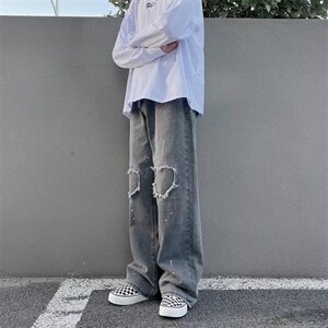 新款高街vibe风水洗灰色牛仔裤直筒拖地阔腿裤N8058P45图片