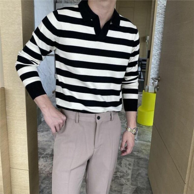 长袖T恤男春秋季翻领色织条微弹百搭新款时尚休闲套装图片