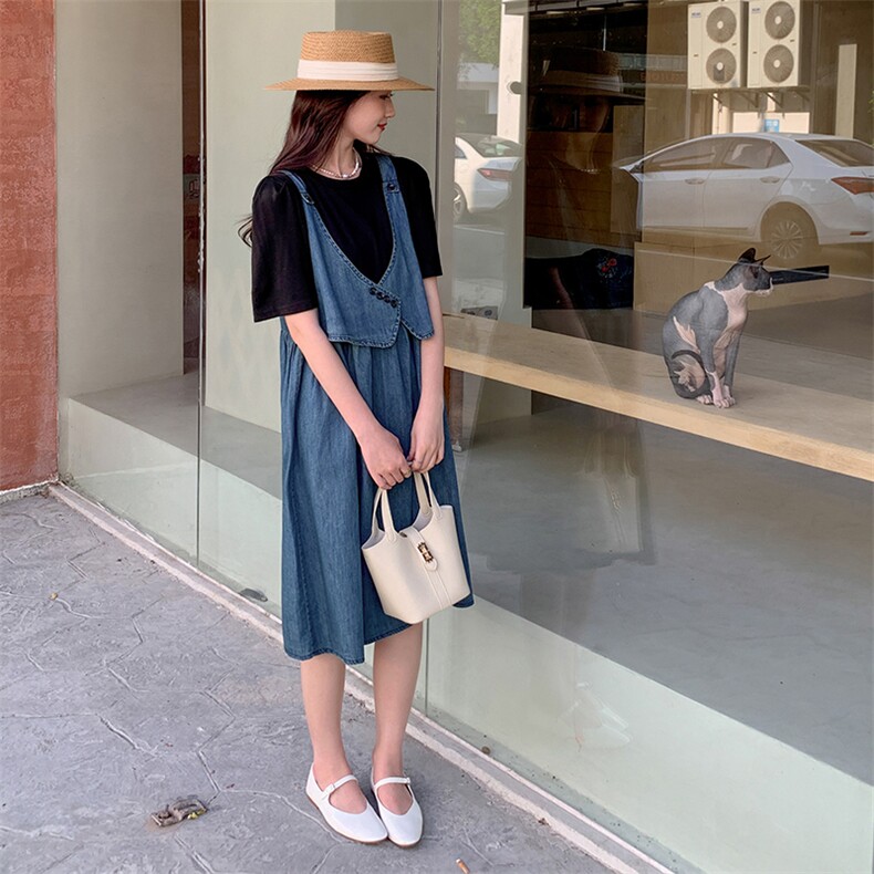休闲牛仔连衣裙女2025夏季新款显瘦设计感假两件小个子复古A字裙,女装连衣裙,MQ