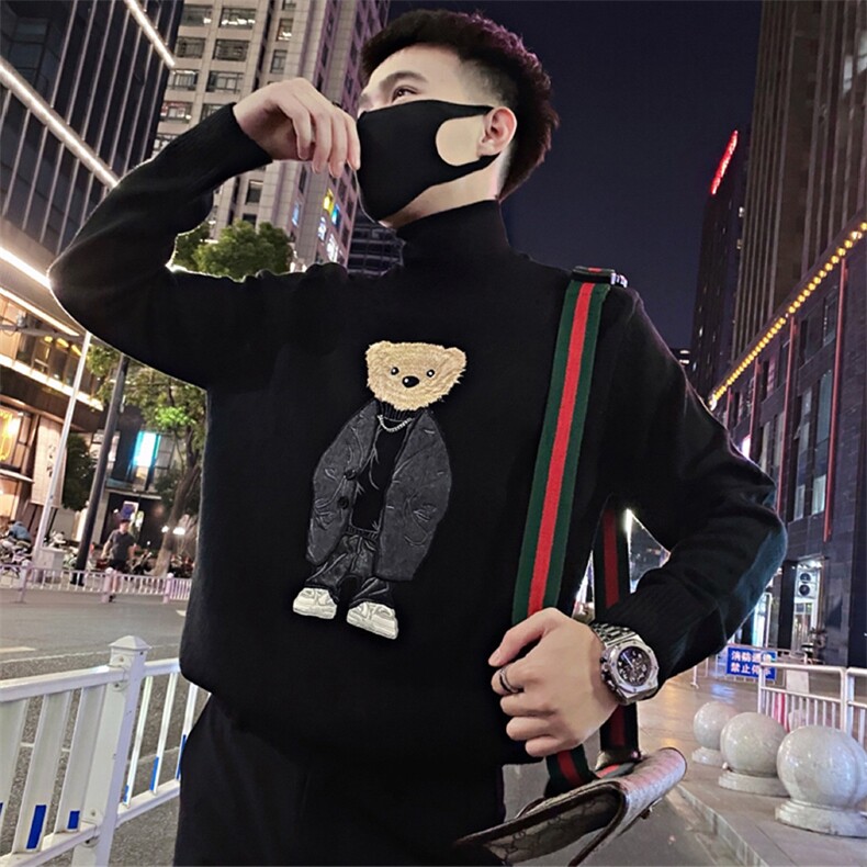 LV103/特P93控123冬季社会小伙高领刺绣小熊针织衫打底毛衣男黑1,男装T恤,星座305B