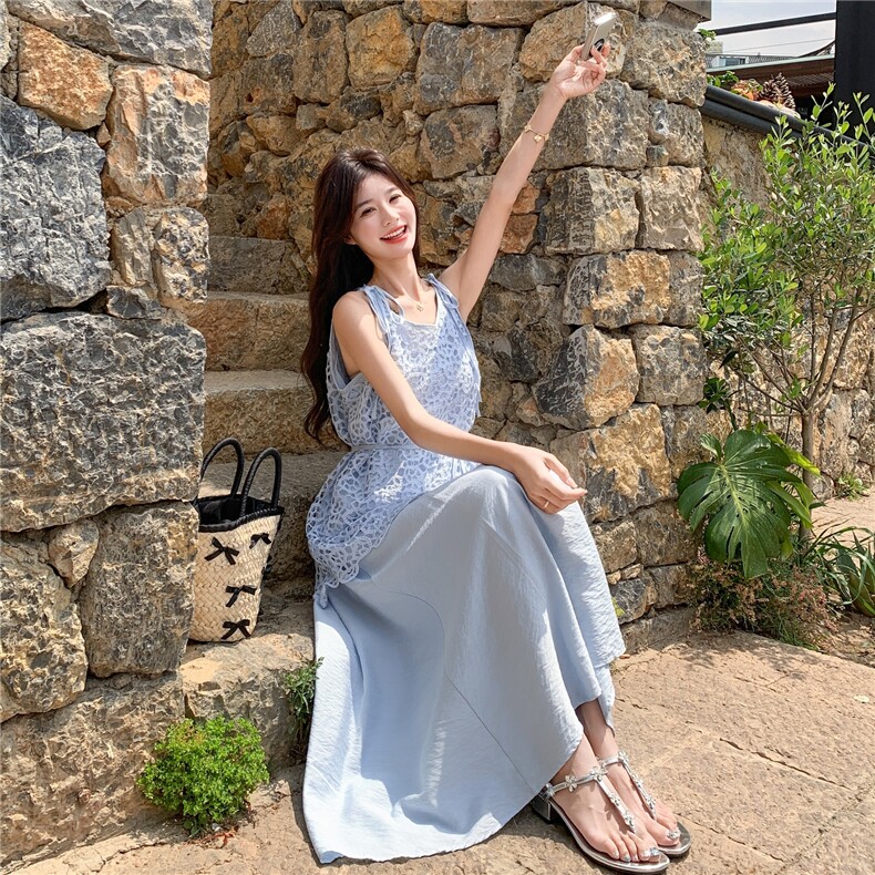 蓝色新中式国风印花背心套装裙女夏季新款显瘦温柔风半身裙两件套,女装套装/套裙,2C133