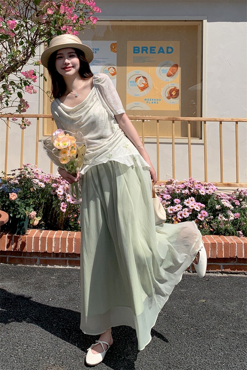 蕾丝拼接碎花上衣半身裙套装女2025年夏季新款韩系甜美减龄两件套,女装套装/套裙,2C133