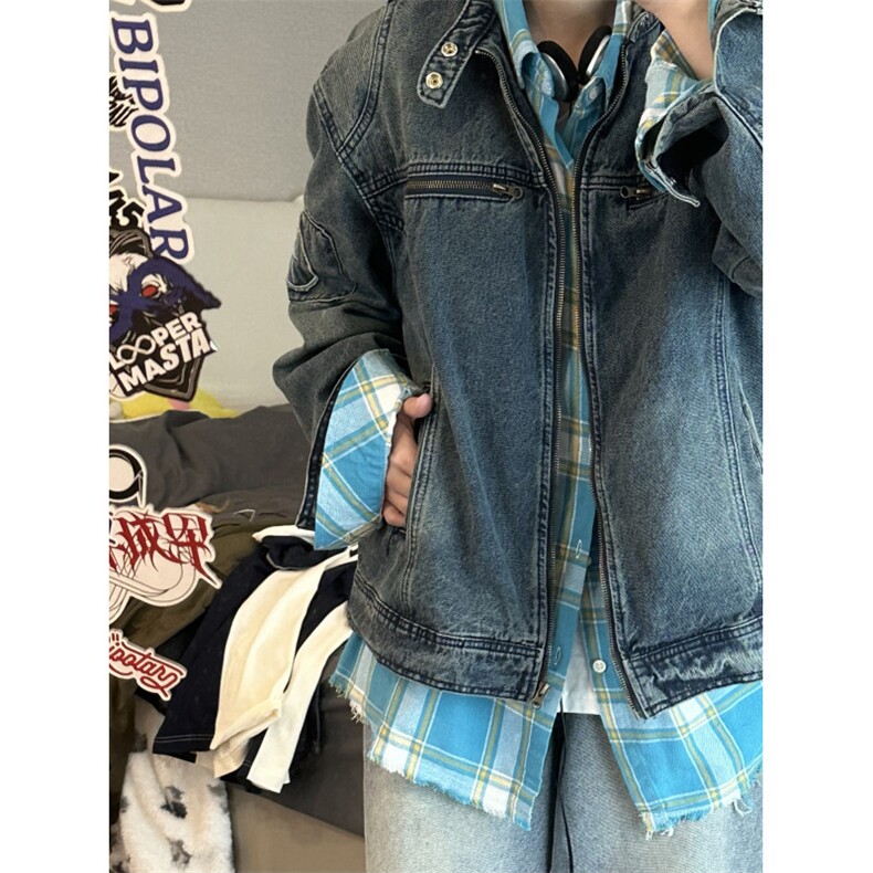 【有货】美式复古水洗蓝色牛仔外套男春秋短款夹克W353LL-特P75图片