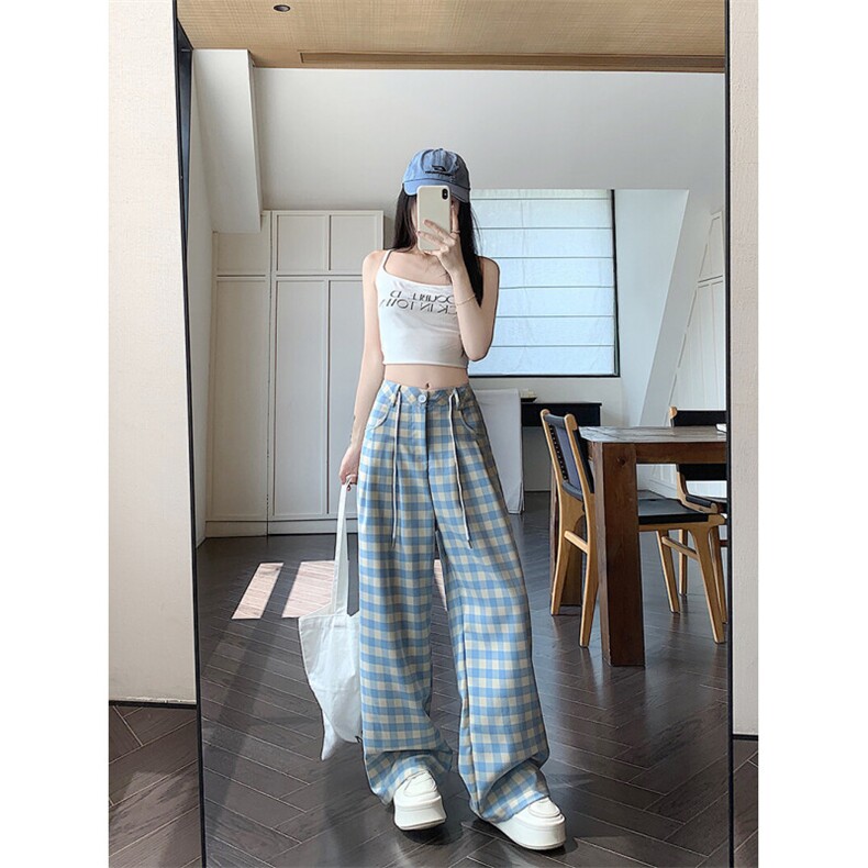AK2354-P45蓝色格子阔腿裤女夏季新款高腰宽松直筒休闲裤子,女装休闲裤,星座617A-2