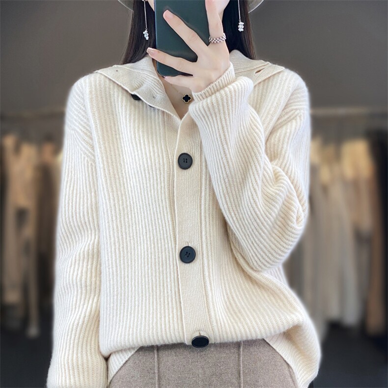 2025年夏季宽松型常规开衫单件长袖单排扣翻领落肩袖百搭,女装羊毛衫,春贝羊绒