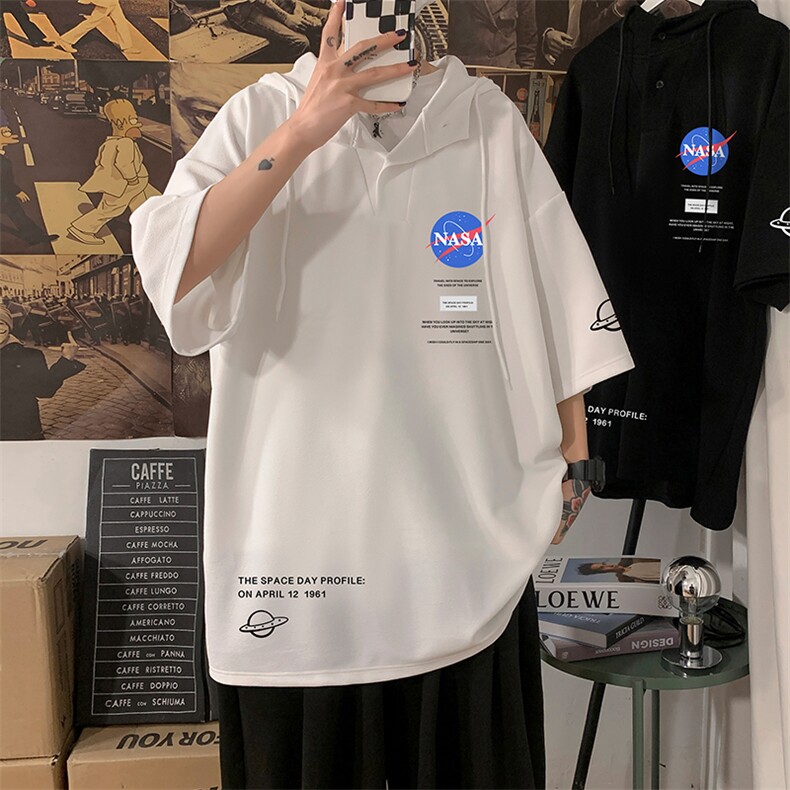 LD54243-P45NASA连帽短袖t恤男大码胖子带帽五分袖中袖,男装T恤,电商A040